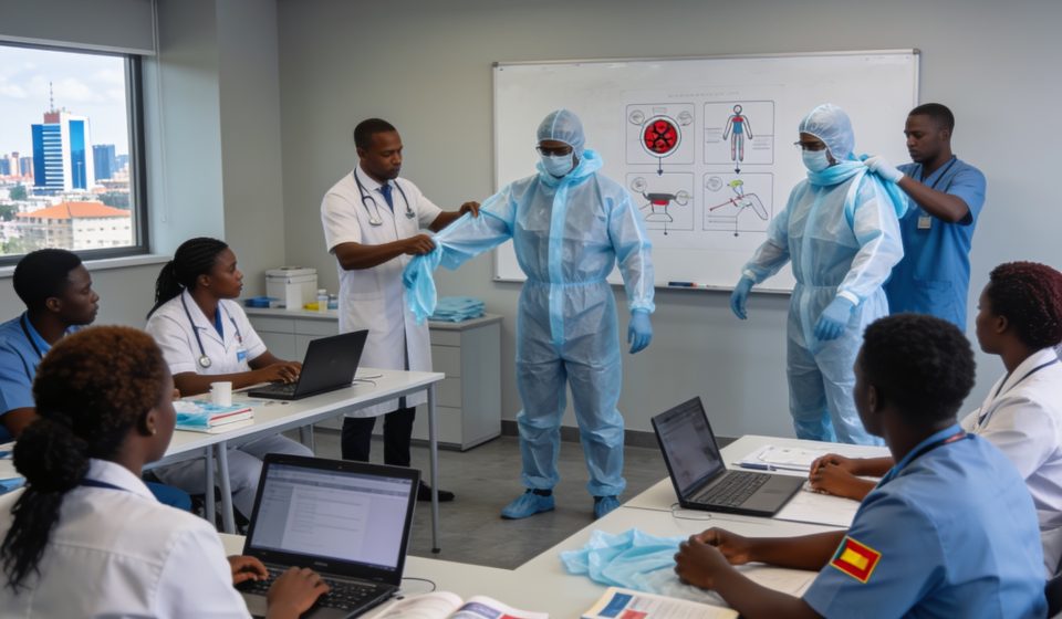 Create an editorial news illustration for an article about 'Riposte contre Ebola : le Congo forme ses agents de santé en prévention des infections'. The specific country is Republique du Congo (Brazzaville) (CG); make visual cues accurate to this exa