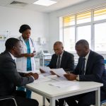 Create an editorial news illustration for an article about "Santé au Congo : les résultats de l'évaluation des structures sanitaires 2023-2024 validés à Brazzaville". The specific country is Republique du Congo (Brazzaville) (CG); make visual cues ac