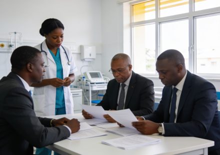 Create an editorial news illustration for an article about "Santé au Congo : les résultats de l'évaluation des structures sanitaires 2023-2024 validés à Brazzaville". The specific country is Republique du Congo (Brazzaville) (CG); make visual cues ac