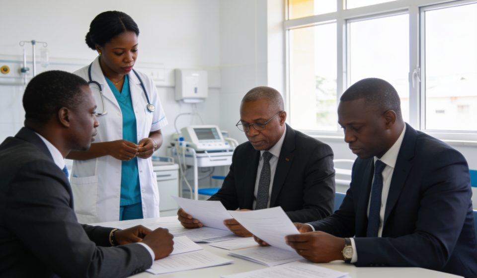 Create an editorial news illustration for an article about "Santé au Congo : les résultats de l'évaluation des structures sanitaires 2023-2024 validés à Brazzaville". The specific country is Republique du Congo (Brazzaville) (CG); make visual cues ac