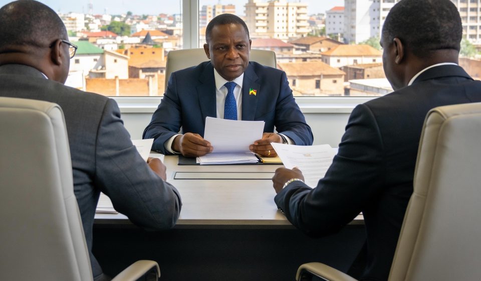 Create an editorial news illustration for an article about 'Sécurité aérienne : l’ASSA-AC adopte son plan stratégique 2026-2028 à Brazzaville'. The specific country is Republique du Congo (Brazzaville) (CG); make visual cues accurate to this exact co