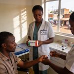 Create an editorial news illustration for an article about 'Sécurité des traitements antipaludiques : le rôle clé de CRS au Congo'. The specific country is Republique du Congo (Brazzaville) (CG); make visual cues accurate to this exact country and av