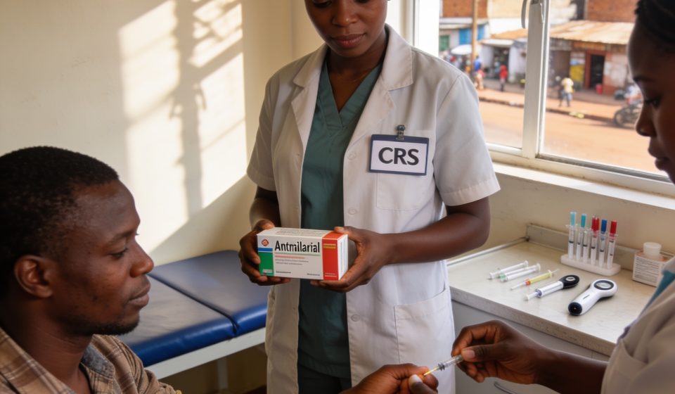 Create an editorial news illustration for an article about 'Sécurité des traitements antipaludiques : le rôle clé de CRS au Congo'. The specific country is Republique du Congo (Brazzaville) (CG); make visual cues accurate to this exact country and av
