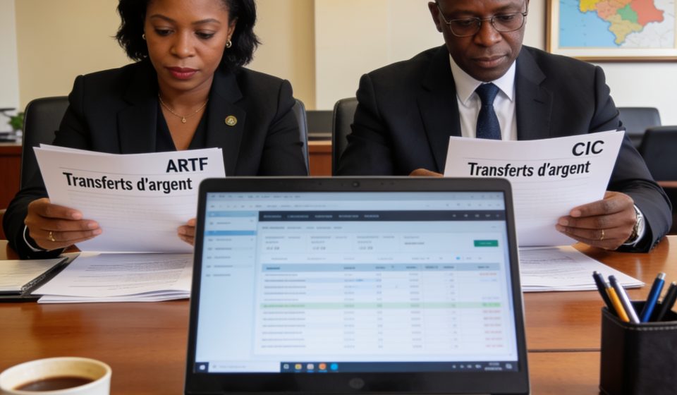 Create an editorial news illustration for an article about "Transferts d'argent : l'ARTF et le CSIC unis pour encadrer les opérateurs illégaux". The specific country is Republique du Congo (Brazzaville) (CG); make visual cues accurate to this exact c