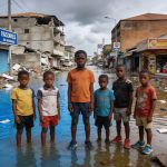 Create an editorial news illustration for an article about 'Urgence climatique : 1,1 milliard d’enfants exposés à des risques multiples, selon l’UNICEF'. The specific country is Republique du Congo (Brazzaville) (CG); make visual cues accurate to thi