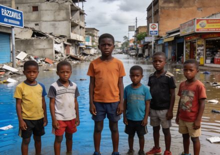 Create an editorial news illustration for an article about 'Urgence climatique : 1,1 milliard d’enfants exposés à des risques multiples, selon l’UNICEF'. The specific country is Republique du Congo (Brazzaville) (CG); make visual cues accurate to thi