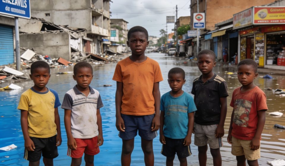 Create an editorial news illustration for an article about 'Urgence climatique : 1,1 milliard d’enfants exposés à des risques multiples, selon l’UNICEF'. The specific country is Republique du Congo (Brazzaville) (CG); make visual cues accurate to thi