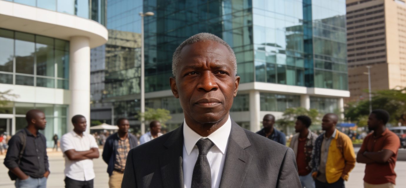 Create an editorial news illustration for an article about 'Achille Mbembe brise le silence sur l’afrophobie en Afrique du Sud : le cri d’alarme d’un humaniste'. The specific country is Republiqe du Congo (CG); make visual cues accurate to this exact