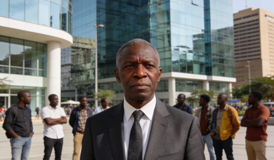 Create an editorial news illustration for an article about 'Achille Mbembe brise le silence sur l’afrophobie en Afrique du Sud : le cri d’alarme d’un humaniste'. The specific country is Republiqe du Congo (CG); make visual cues accurate to this exact