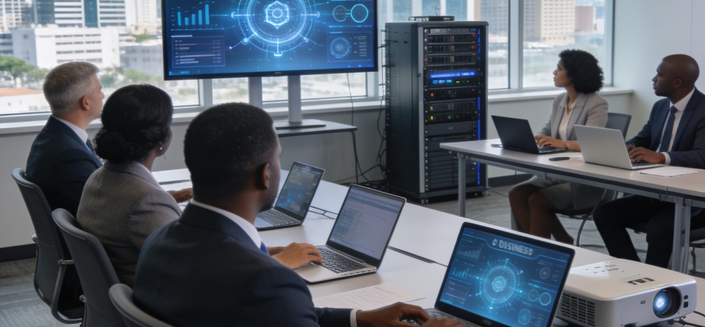 Create an editorial news illustration for an article about "Brazzaville, capitale du numérique : une conférence internationale sur l'E-business et la cybersécurité annoncée". The specific country is Republiqe du Congo (CG); make visual cues accurate