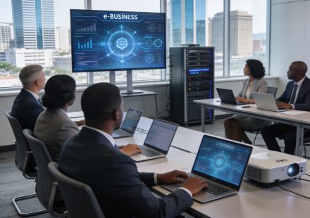 Create an editorial news illustration for an article about "Brazzaville, capitale du numérique : une conférence internationale sur l'E-business et la cybersécurité annoncée". The specific country is Republiqe du Congo (CG); make visual cues accurate