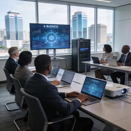 Create an editorial news illustration for an article about "Brazzaville, capitale du numérique : une conférence internationale sur l'E-business et la cybersécurité annoncée". The specific country is Republiqe du Congo (CG); make visual cues accurate