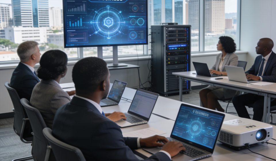 Create an editorial news illustration for an article about "Brazzaville, capitale du numérique : une conférence internationale sur l'E-business et la cybersécurité annoncée". The specific country is Republiqe du Congo (CG); make visual cues accurate