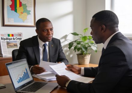 Create an editorial news illustration for an article about "Cémac : le Congo mise sur les réformes fiscalo-douanières pour doper l'import-substitution". The specific country is Republiqe du Congo (CG); make visual cues accurate to this exact country