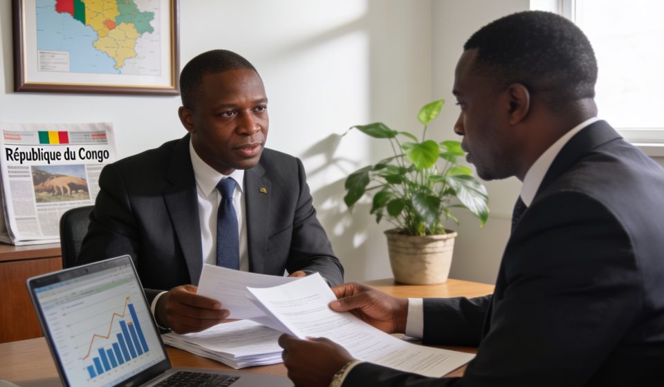 Create an editorial news illustration for an article about "Cémac : le Congo mise sur les réformes fiscalo-douanières pour doper l'import-substitution". The specific country is Republiqe du Congo (CG); make visual cues accurate to this exact country