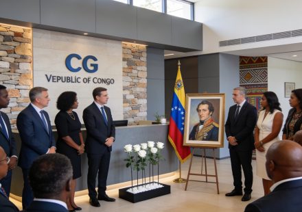 Create an editorial news illustration for an article about "Congo : double cérémonie à l'ambassade du Venezuela en mémoire de Simón Bolívar et des victimes du séisme". The specific country is Republiqe du Congo (CG); make visual cues accurate to this