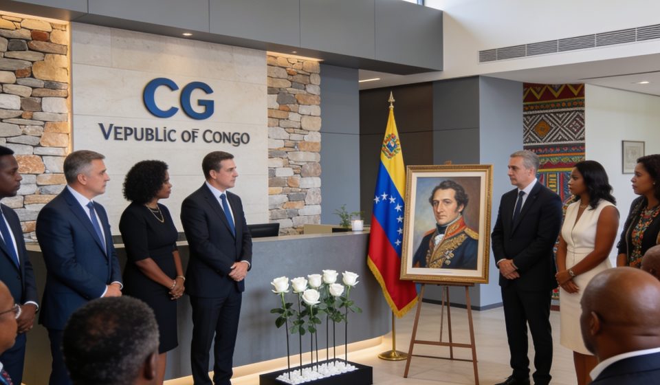 Create an editorial news illustration for an article about "Congo : double cérémonie à l'ambassade du Venezuela en mémoire de Simón Bolívar et des victimes du séisme". The specific country is Republiqe du Congo (CG); make visual cues accurate to this