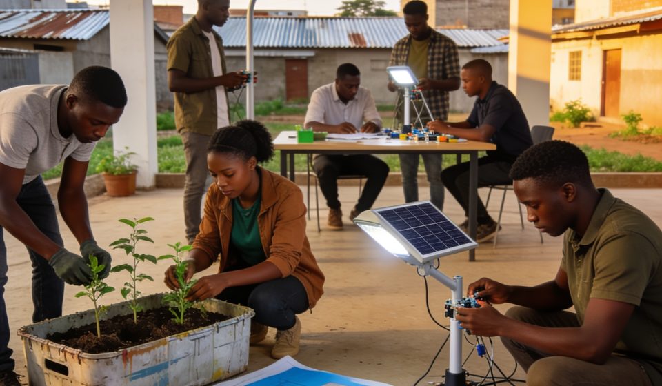 Create an editorial news illustration for an article about "Congo : jeunesse, coopération et développement durable au menu de l'actualité". The specific country is Republiqe du Congo (CG); make visual cues accurate to this exact country and avoid fla