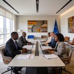 Create an editorial news illustration for an article about 'Coopération Congo-UE : Un dialogue renforcé pour les réformes et le développement durable'. The specific country is CG (CG); make visual cues accurate to this exact country and avoid flags o