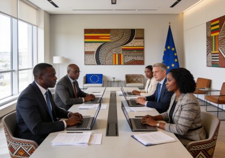 Create an editorial news illustration for an article about 'Coopération Congo-UE : Un dialogue renforcé pour les réformes et le développement durable'. The specific country is CG (CG); make visual cues accurate to this exact country and avoid flags o
