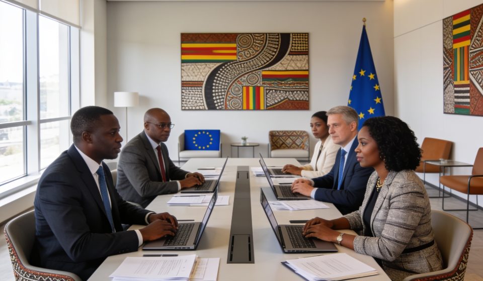 Create an editorial news illustration for an article about 'Coopération Congo-UE : Un dialogue renforcé pour les réformes et le développement durable'. The specific country is CG (CG); make visual cues accurate to this exact country and avoid flags o