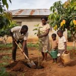 Create an editorial news illustration for an article about 'Créer un verger familial : la nouvelle passion verte des Congolais'. The specific country is CG (CG); make visual cues accurate to this exact country and avoid flags or symbols of similar co