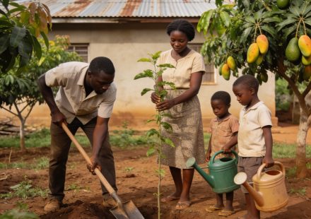 Create an editorial news illustration for an article about 'Créer un verger familial : la nouvelle passion verte des Congolais'. The specific country is CG (CG); make visual cues accurate to this exact country and avoid flags or symbols of similar co