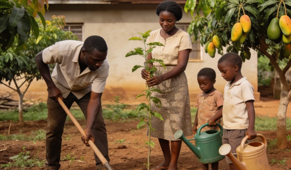 Create an editorial news illustration for an article about 'Créer un verger familial : la nouvelle passion verte des Congolais'. The specific country is CG (CG); make visual cues accurate to this exact country and avoid flags or symbols of similar co
