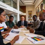 Create an editorial news illustration for an article about 'Diplomatie et droits humains : le Congo renforce ses liens avec sa diaspora estudiantine et évalue la lutte contre la torture'. The specific country is Republiqe du Congo (CG); make visual c