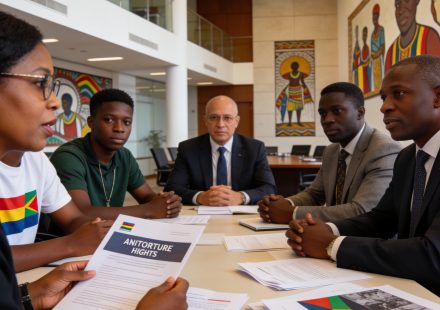 Create an editorial news illustration for an article about 'Diplomatie et droits humains : le Congo renforce ses liens avec sa diaspora estudiantine et évalue la lutte contre la torture'. The specific country is Republiqe du Congo (CG); make visual c