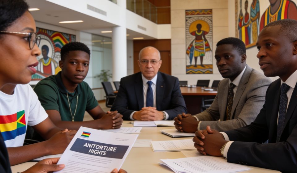 Create an editorial news illustration for an article about 'Diplomatie et droits humains : le Congo renforce ses liens avec sa diaspora estudiantine et évalue la lutte contre la torture'. The specific country is Republiqe du Congo (CG); make visual c