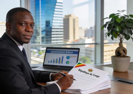 Create an editorial news illustration for an article about 'Fonction publique congolaise : Pierre Mabiala lance une vaste réforme contre les dérives administratives'. The specific country is Republiqe du Congo (CG); make visual cues accurate to this