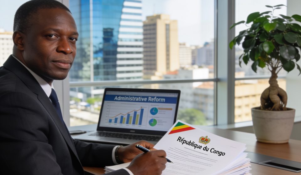 Create an editorial news illustration for an article about 'Fonction publique congolaise : Pierre Mabiala lance une vaste réforme contre les dérives administratives'. The specific country is Republiqe du Congo (CG); make visual cues accurate to this