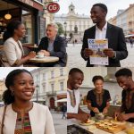 Create an editorial news illustration for an article about 'Foot : Les Congolais de la diaspora à l’honneur en France, Lituanie et Russie'. The specific country is Republiqe du Congo (CG); make visual cues accurate to this exact country and avoid fla