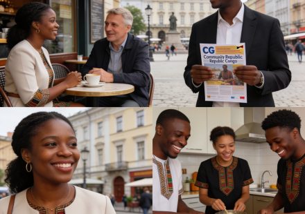 Create an editorial news illustration for an article about 'Foot : Les Congolais de la diaspora à l’honneur en France, Lituanie et Russie'. The specific country is Republiqe du Congo (CG); make visual cues accurate to this exact country and avoid fla