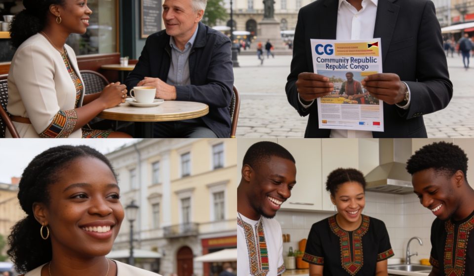 Create an editorial news illustration for an article about 'Foot : Les Congolais de la diaspora à l’honneur en France, Lituanie et Russie'. The specific country is Republiqe du Congo (CG); make visual cues accurate to this exact country and avoid fla