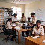 Create an editorial news illustration for an article about 'Gestion documentaire : les archivistes en formation à Brazzaville pour professionnaliser le métier'. The specific country is CG (CG); make visual cues accurate to this exact country and avoi
