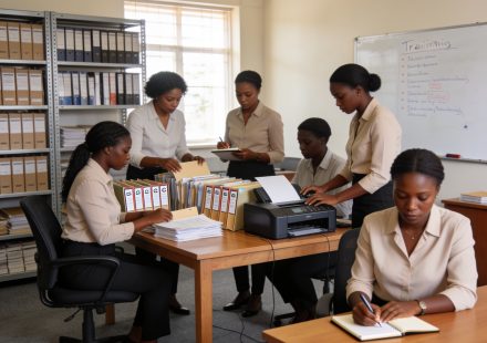Create an editorial news illustration for an article about 'Gestion documentaire : les archivistes en formation à Brazzaville pour professionnaliser le métier'. The specific country is CG (CG); make visual cues accurate to this exact country and avoi