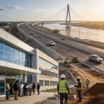 Create an editorial news illustration for an article about 'Gouvernance et développement : le Congo multiplie les réformes et les projets d’infrastructures'. The specific country is Republiqe du Congo (CG); make visual cues accurate to this exact cou