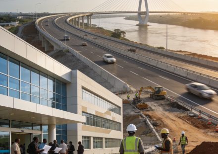 Create an editorial news illustration for an article about 'Gouvernance et développement : le Congo multiplie les réformes et les projets d’infrastructures'. The specific country is Republiqe du Congo (CG); make visual cues accurate to this exact cou