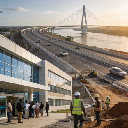 Create an editorial news illustration for an article about 'Gouvernance et développement : le Congo multiplie les réformes et les projets d’infrastructures'. The specific country is Republiqe du Congo (CG); make visual cues accurate to this exact cou