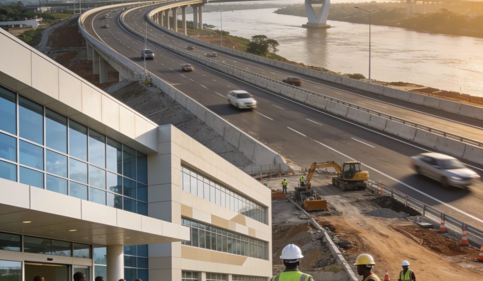 Create an editorial news illustration for an article about 'Gouvernance et développement : le Congo multiplie les réformes et les projets d’infrastructures'. The specific country is Republiqe du Congo (CG); make visual cues accurate to this exact cou
