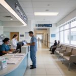 Create an editorial news illustration for an article about 'Gouvernance hospitalière au Congo : une revue à mi-parcours pour des soins de qualité'. The specific country is CG (CG); make visual cues accurate to this exact country and avoid flags or sy