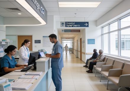 Create an editorial news illustration for an article about 'Gouvernance hospitalière au Congo : une revue à mi-parcours pour des soins de qualité'. The specific country is CG (CG); make visual cues accurate to this exact country and avoid flags or sy