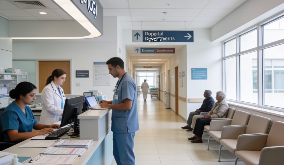 Create an editorial news illustration for an article about 'Gouvernance hospitalière au Congo : une revue à mi-parcours pour des soins de qualité'. The specific country is CG (CG); make visual cues accurate to this exact country and avoid flags or sy