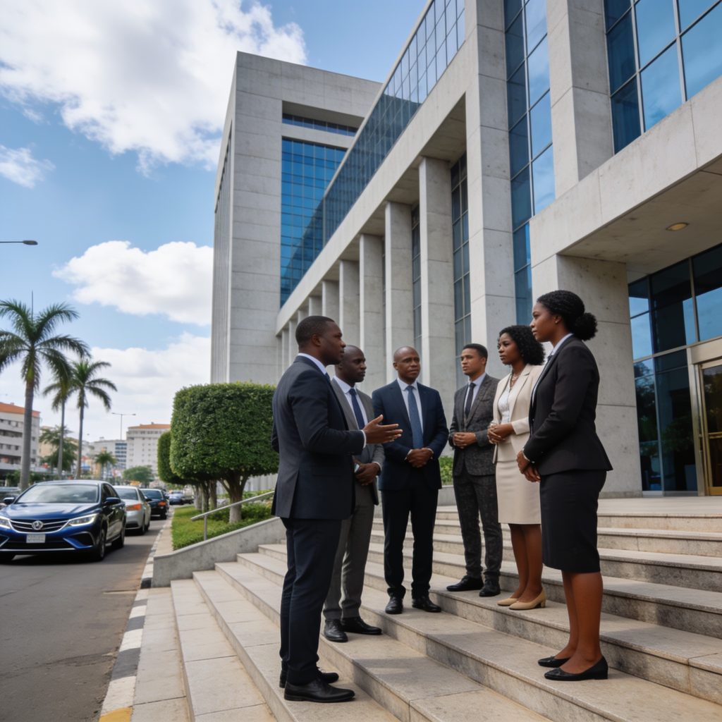 Create an editorial news illustration for an article about 'Le Tchad se retire de la Cour pénale internationale : une décision qui relance le débat sur la justice en Afrique'. The specific country is Republiqe du Congo (CG); make visual cues accurate