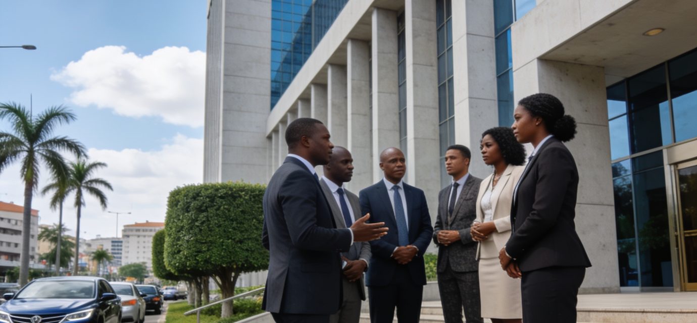 Create an editorial news illustration for an article about 'Le Tchad se retire de la Cour pénale internationale : une décision qui relance le débat sur la justice en Afrique'. The specific country is Republiqe du Congo (CG); make visual cues accurate