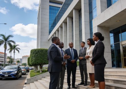 Create an editorial news illustration for an article about 'Le Tchad se retire de la Cour pénale internationale : une décision qui relance le débat sur la justice en Afrique'. The specific country is Republiqe du Congo (CG); make visual cues accurate