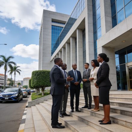 Create an editorial news illustration for an article about 'Le Tchad se retire de la Cour pénale internationale : une décision qui relance le débat sur la justice en Afrique'. The specific country is Republiqe du Congo (CG); make visual cues accurate