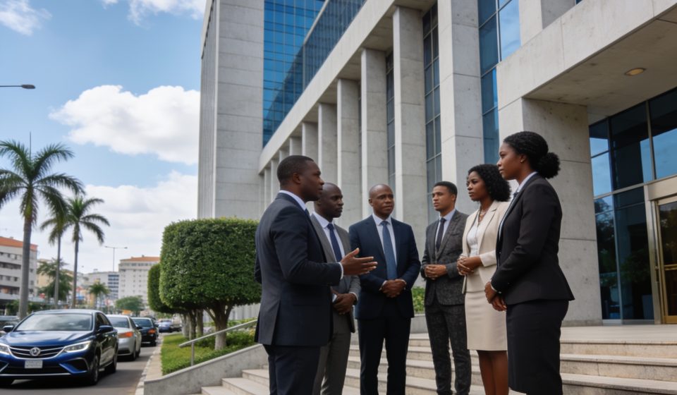 Create an editorial news illustration for an article about 'Le Tchad se retire de la Cour pénale internationale : une décision qui relance le débat sur la justice en Afrique'. The specific country is Republiqe du Congo (CG); make visual cues accurate